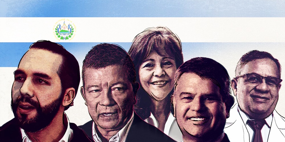 Candidatos presidenciales a las elecciones de 2024 en El Salvador. [Ilustración: Sergio Valencia]